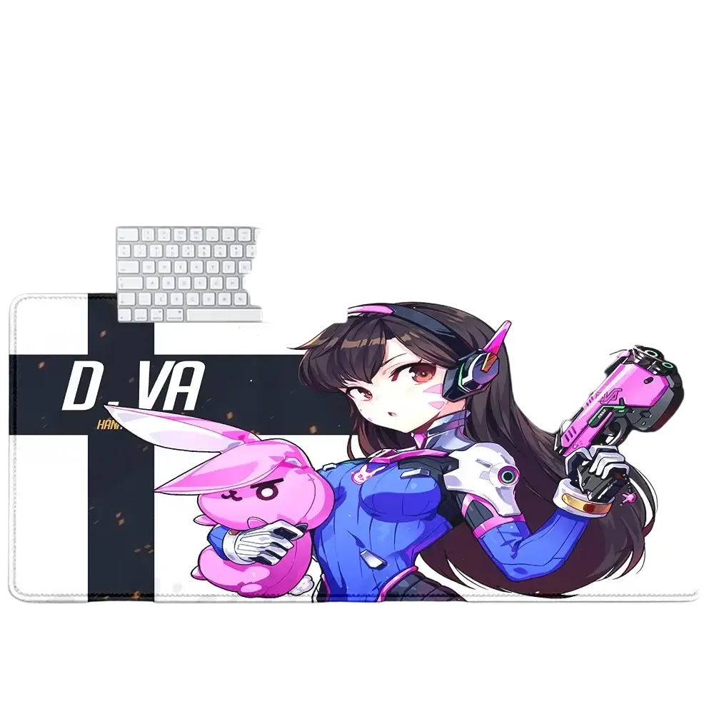 Blue and pink Overwatch Dva anime gaming mouse pad XXL featuring futuristic armored character with bunny companion