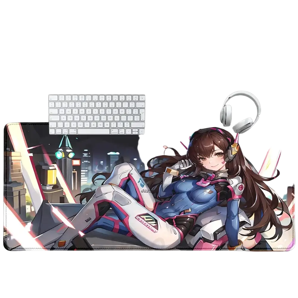 Blue and pink armored anime character overwatch dva xxl gaming mouse pad with cityscape background for pc use