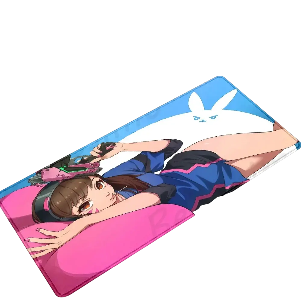 Overwatch dva anime gaming mouse pad xxl in blue and pink featuring a brown-haired character with gun and white rabbit background