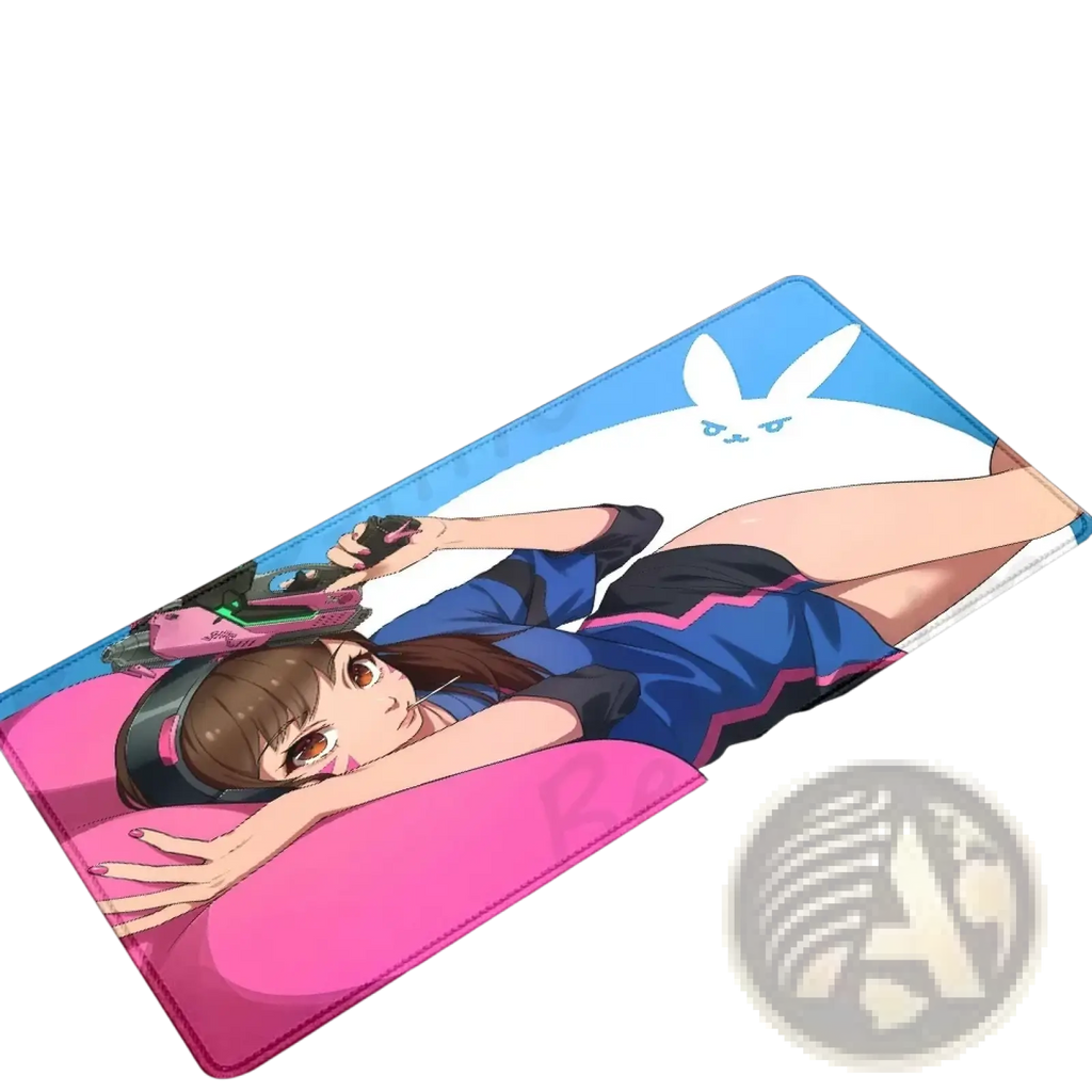Overwatch dva anime gaming mouse pad xxl in blue and pink featuring a brown-haired character with gun and white rabbit background