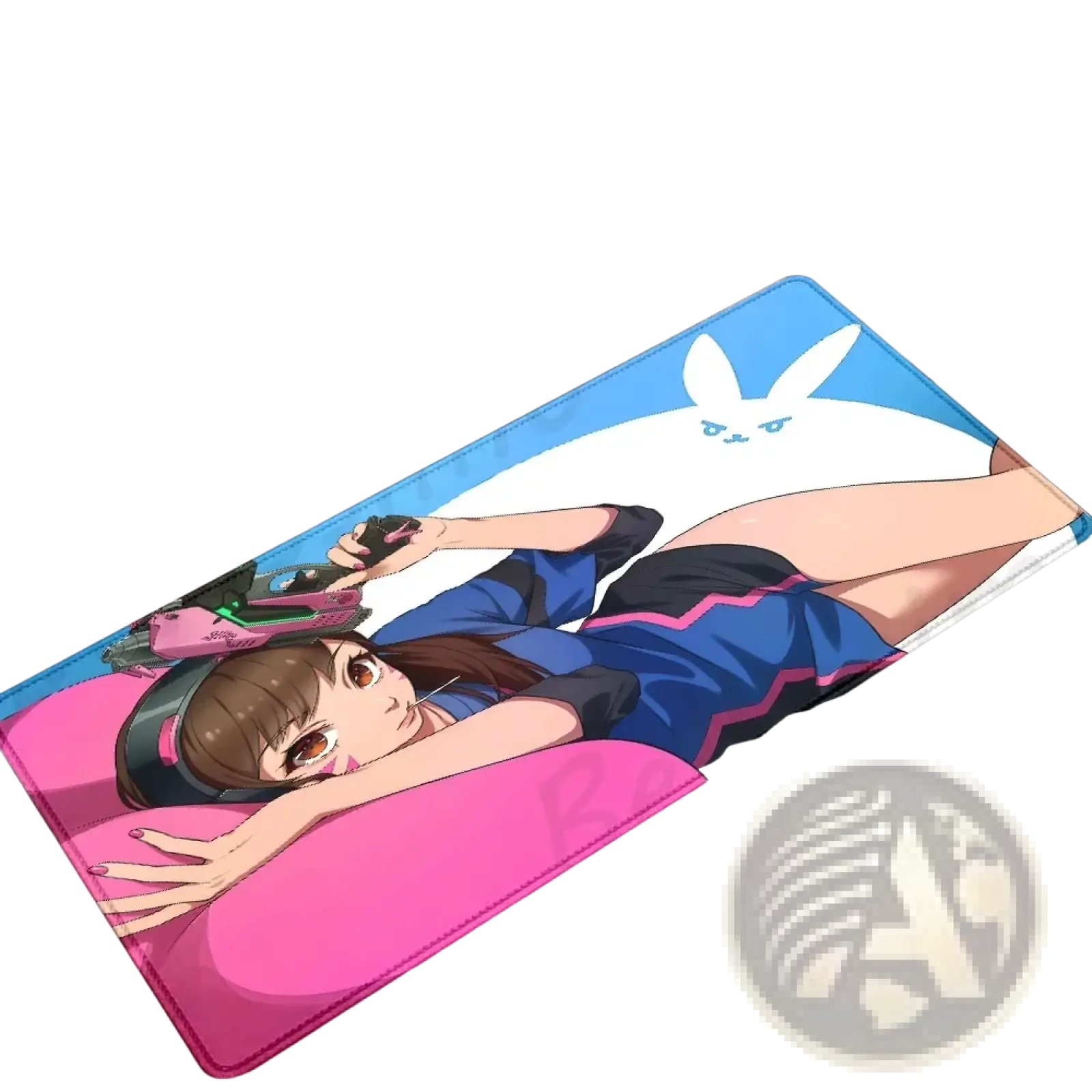 Overwatch dva anime gaming mouse pad xxl in blue and pink featuring a brown-haired character with gun and white rabbit background