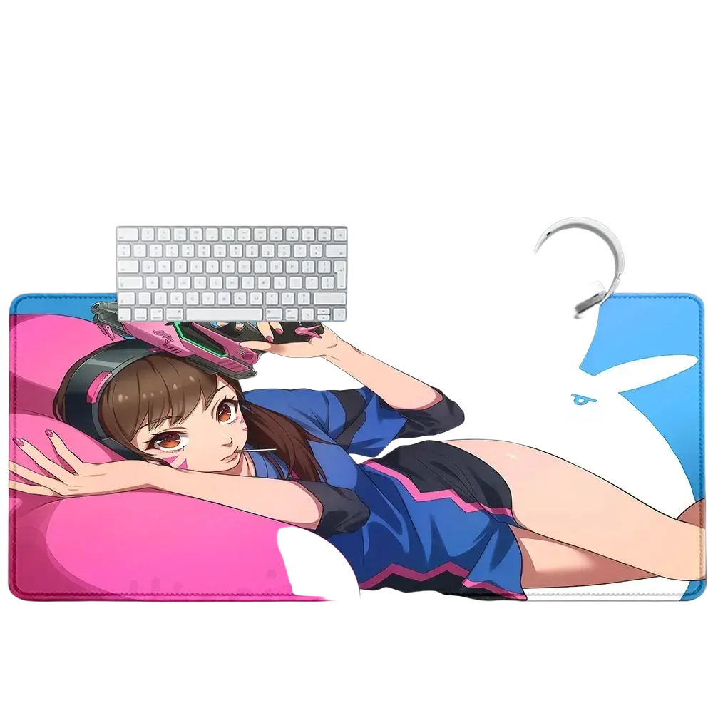 Blue and pink Overwatch Dva anime gaming mouse pad XXL featuring a cartoon character design for gamers