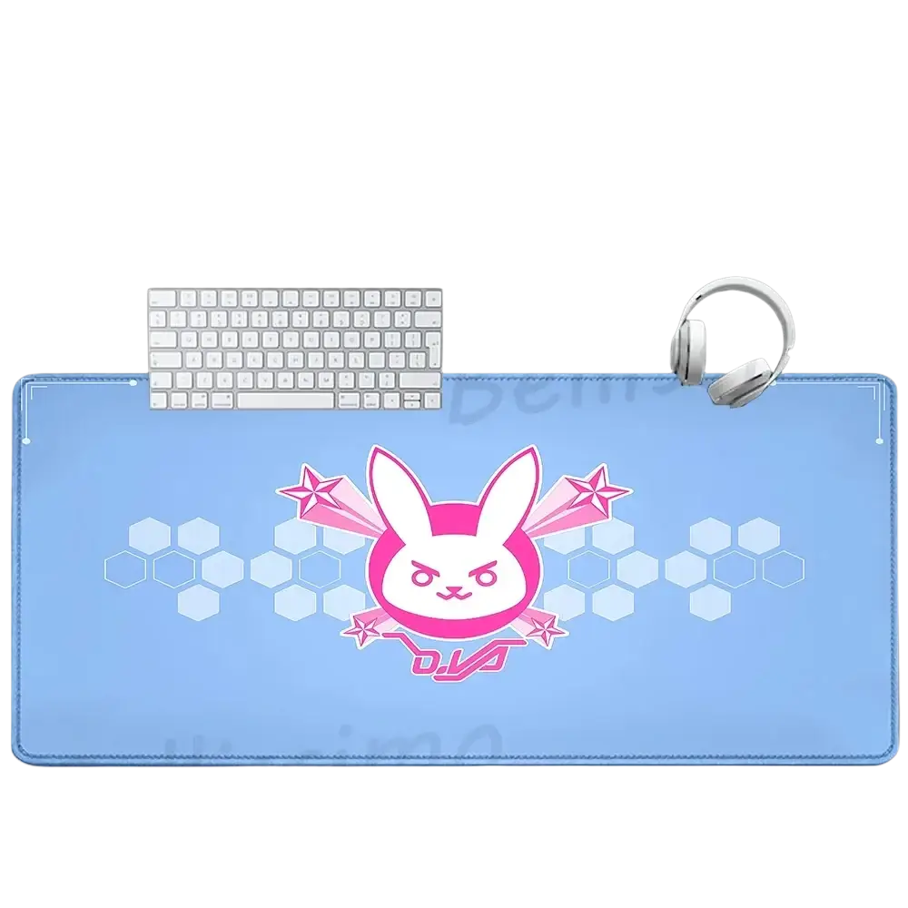 Light blue rectangular Overwatch Dva anime gaming mouse pad with pink cartoon rabbit hexagonal pattern natural rubber material
