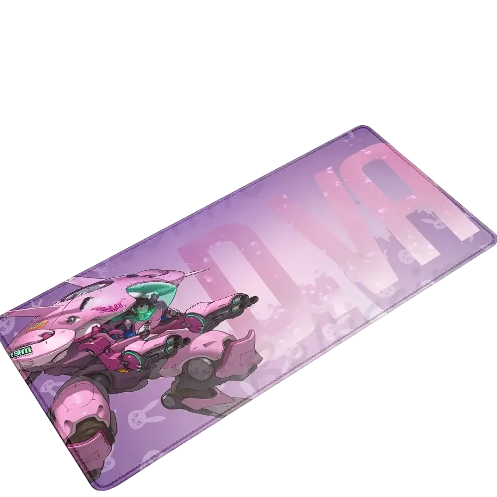 Overwatch Dva anime gaming mouse pad XXL in pink and purple featuring Dva in a dynamic pose with gradient lettering