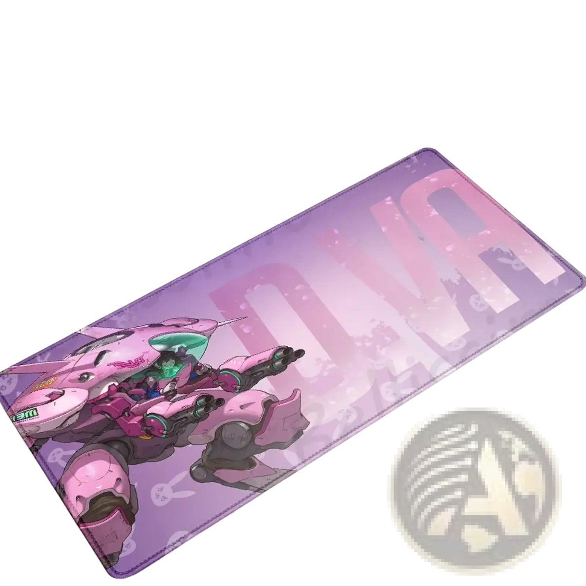 Overwatch Dva anime gaming mouse pad XXL in pink and purple featuring Dva in a dynamic pose with gradient lettering