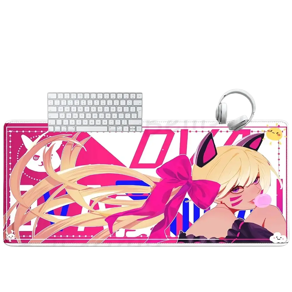 Overwatch Dva anime gaming mouse pad XXL featuring pink and white color with cat ear character and geometric patterns