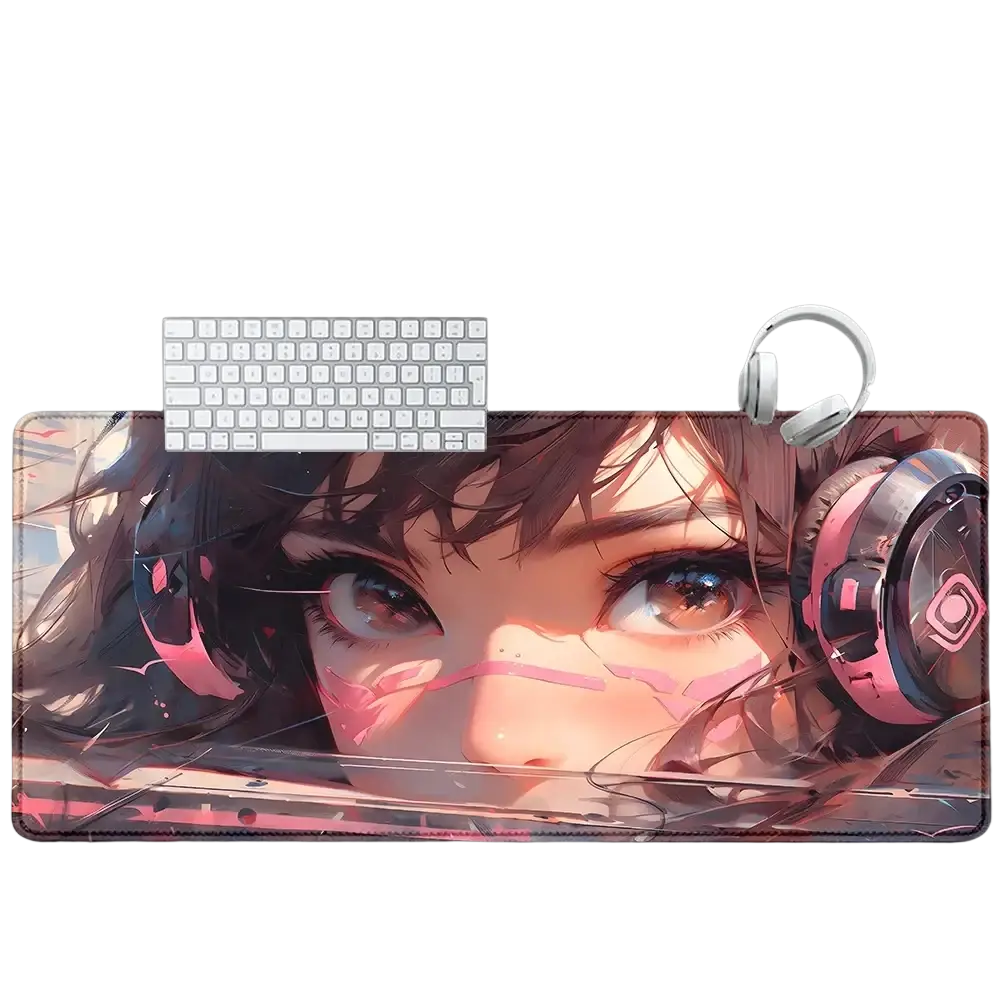 Rectangular overwatch dva anime gaming mouse pad xxl with brown eyed girl in pink headphones on natural rubber surface