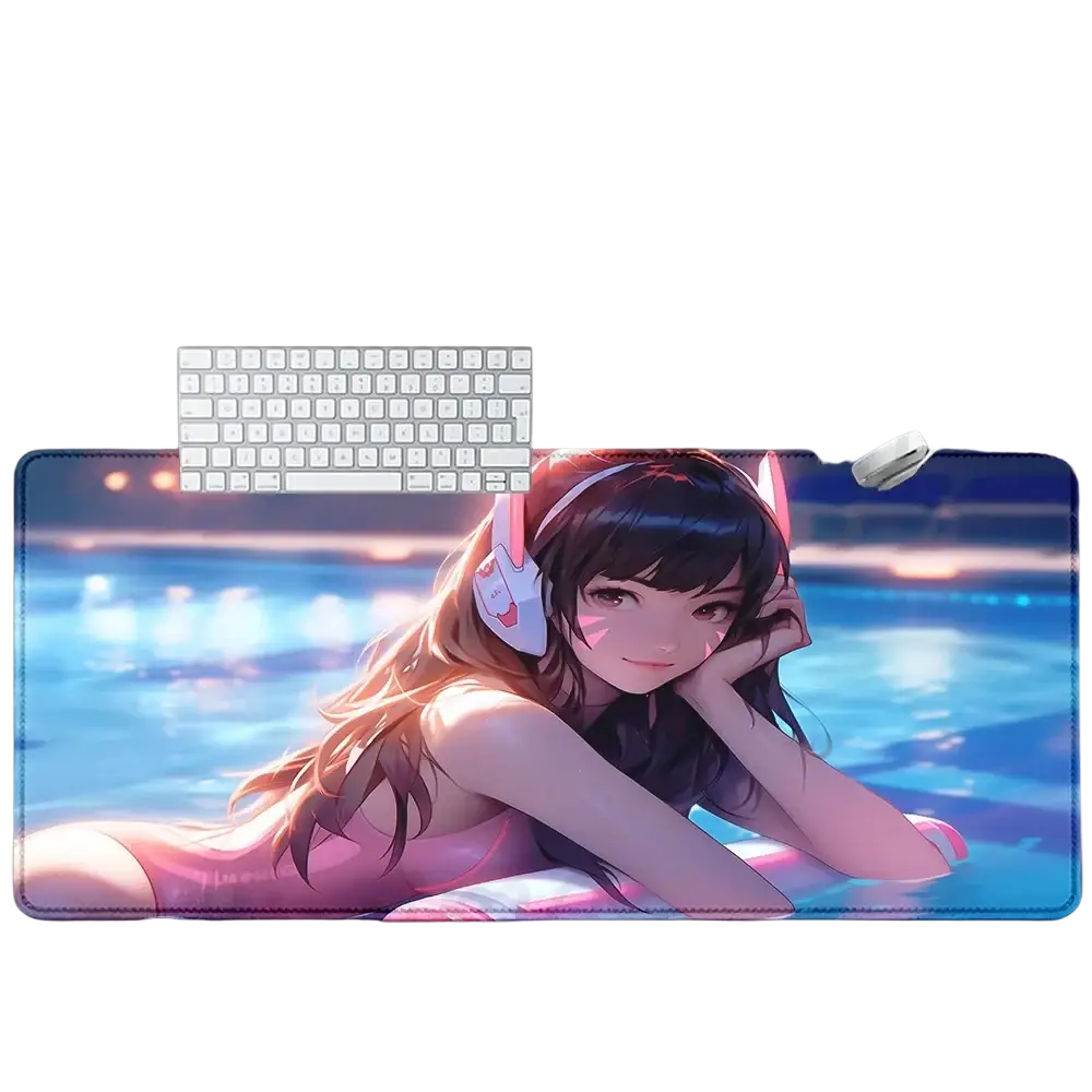 Large rectangular overwatch dva anime gaming mouse pad xxl with vibrant girl illustration in pink headphones and swimsuit