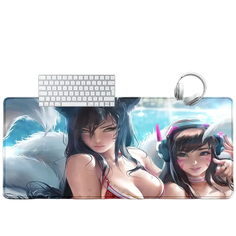 A large rectangular overwatch dva anime gaming mouse pad xxl with vibrant blue sky and two winged characters design