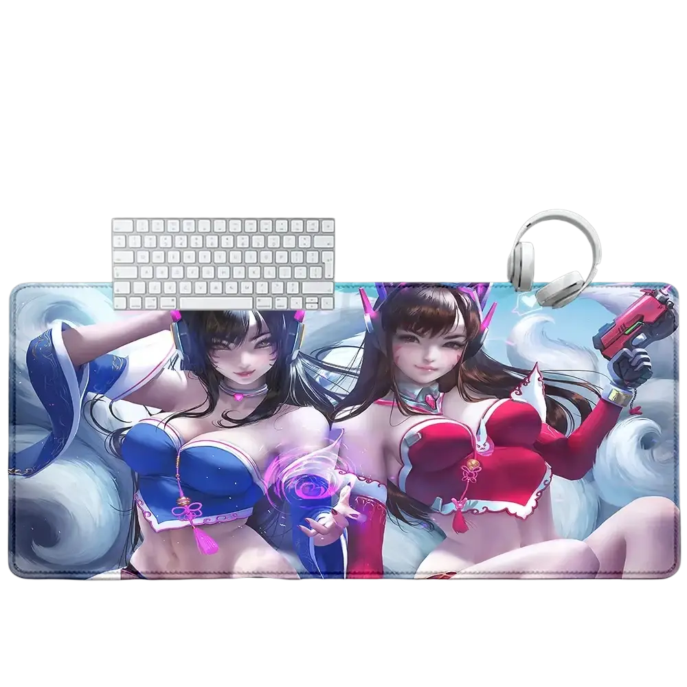 Overwatch Dva anime gaming mouse pad xxl featuring vibrant blue and red anime characters with magical cloud effects