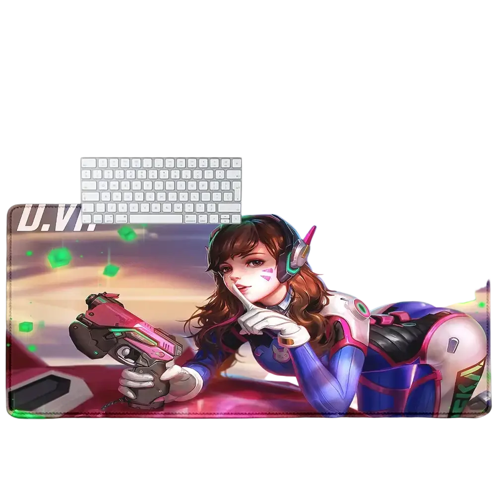 Overwatch Dva anime gaming mouse pad xxl with vibrant blue and pink d.va illustration holding a futuristic weapon