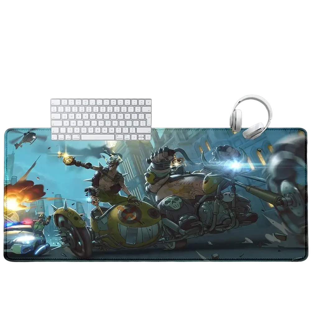 Large rectangular overwatch dva anime gaming mouse pad xxl with vibrant motorcycle characters and dynamic lighting effects