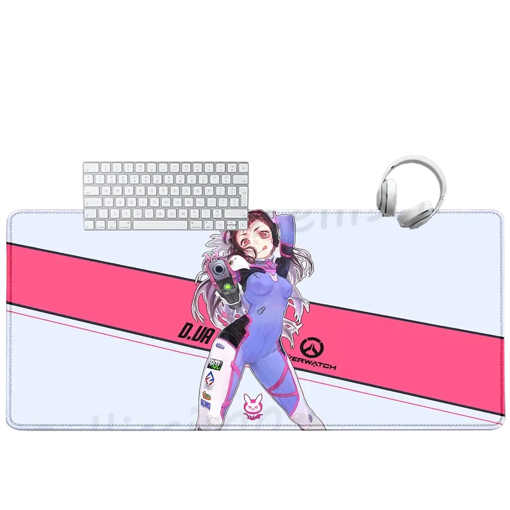 A large rectangular overwatch dva anime gaming mouse pad xxl with vibrant pink light blue design and purple white suit
