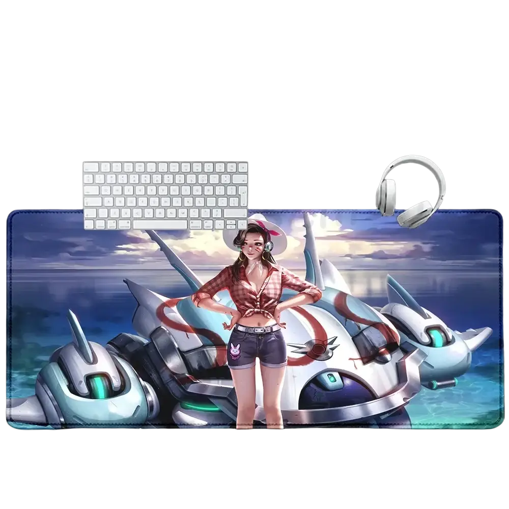 A large rectangular Overwatch Dva anime gaming mouse pad xxl with vibrant illustration of a girl and futuristic robots