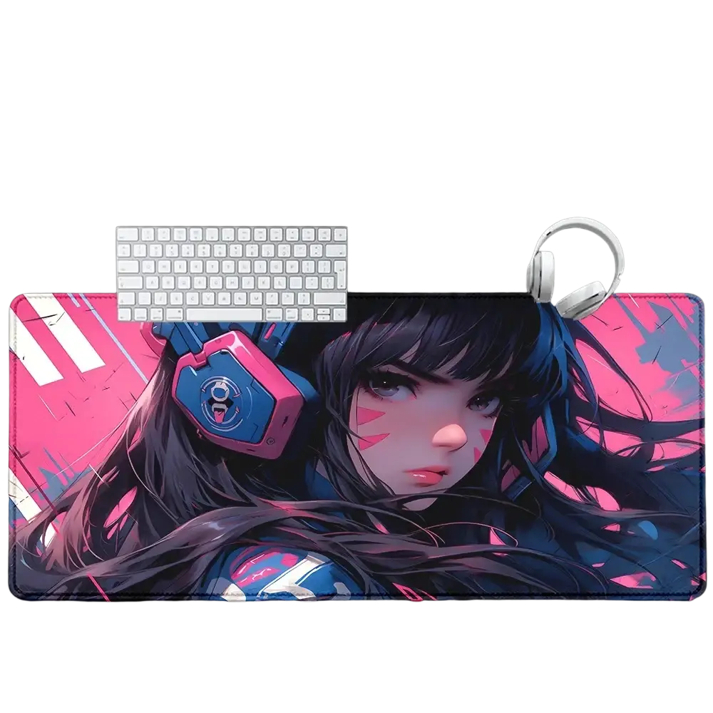 Overwatch Dva anime gaming mouse pad XXL with vibrant pink and blue design featuring character with headphones
