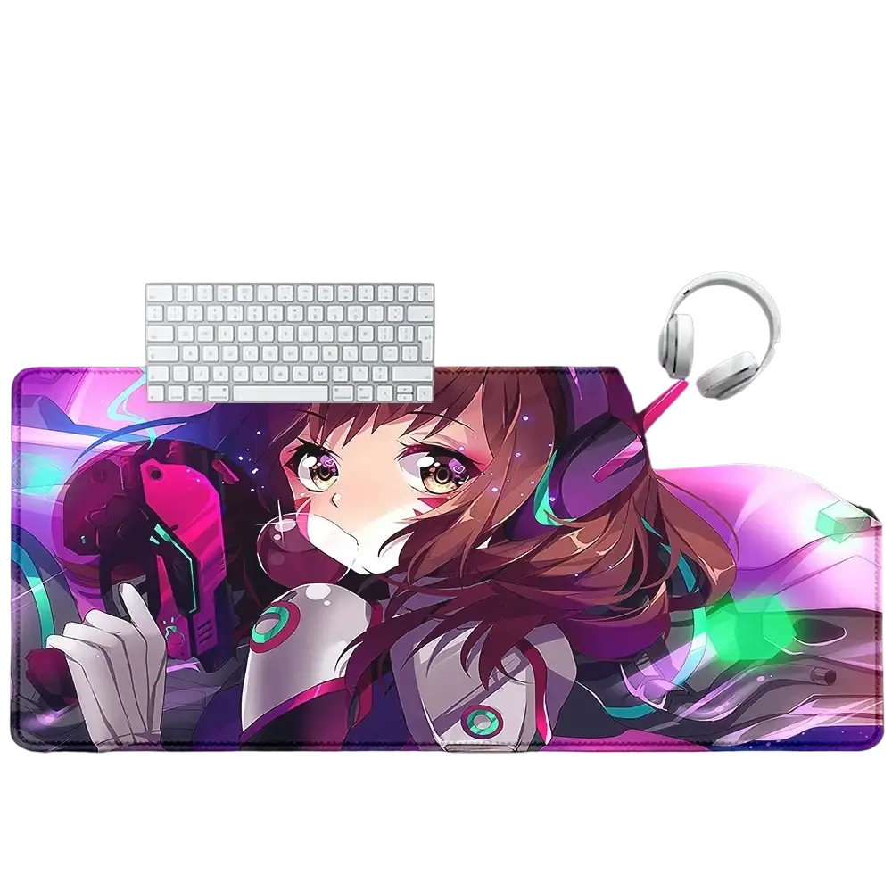 Vibrant purple and pink overwatch dva anime gaming mouse pad xxl with detailed futuristic armor character illustration
