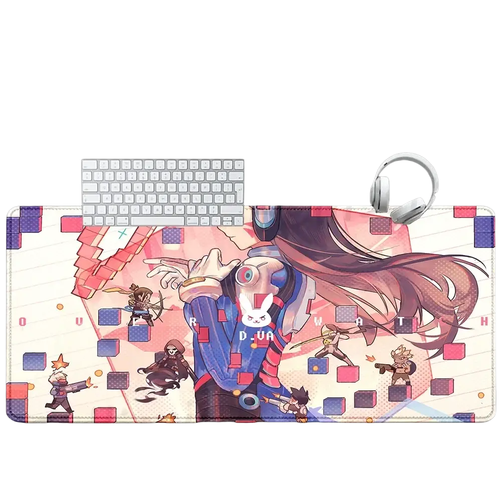 A vibrant overwatch dva anime gaming mouse pad xxl with detailed characters and geometric patterns on a light background