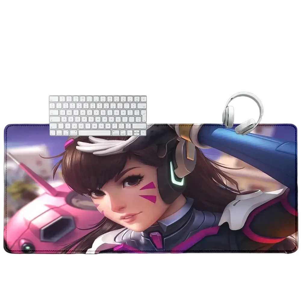A vibrant overwatch Dva anime gaming mouse pad xxl with detailed pink and purple racing suit illustration