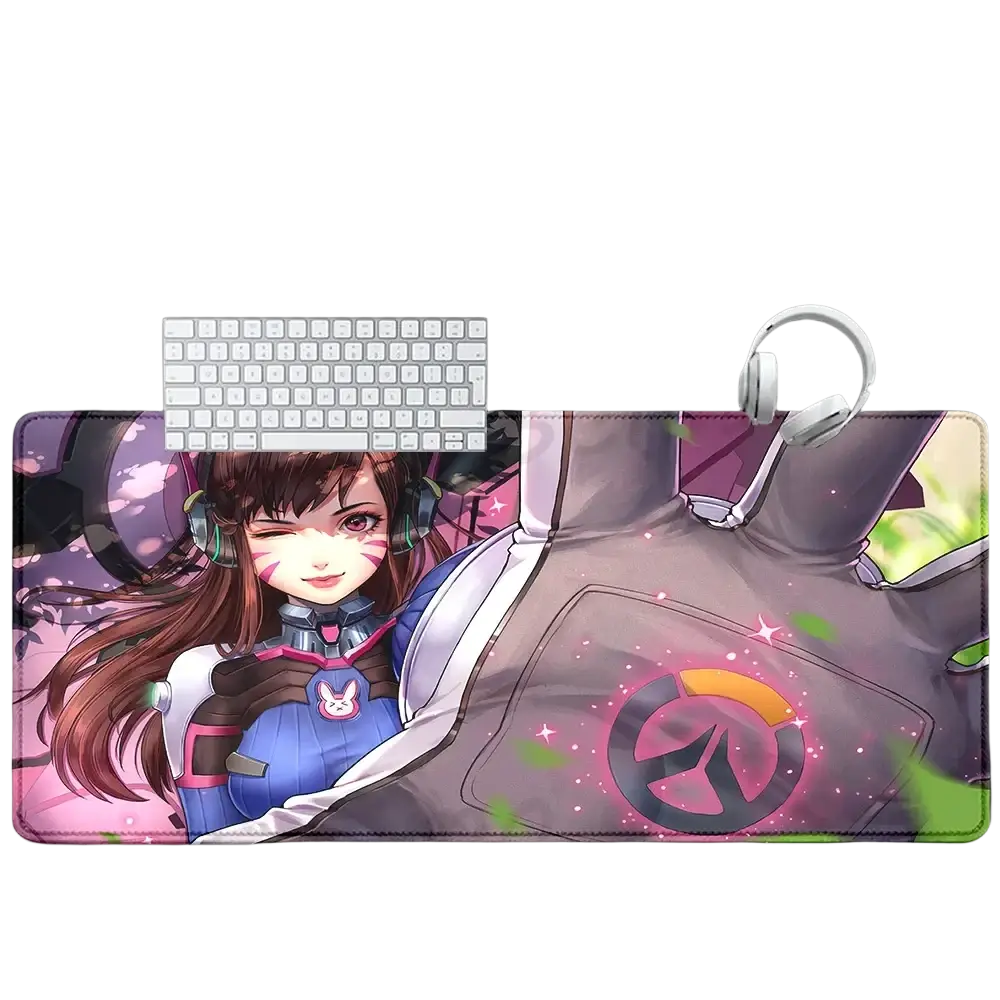A vibrant overwatch dva anime gaming mouse pad xxl in blue and pink with glowing sparkles on natural rubber non-slip surface
