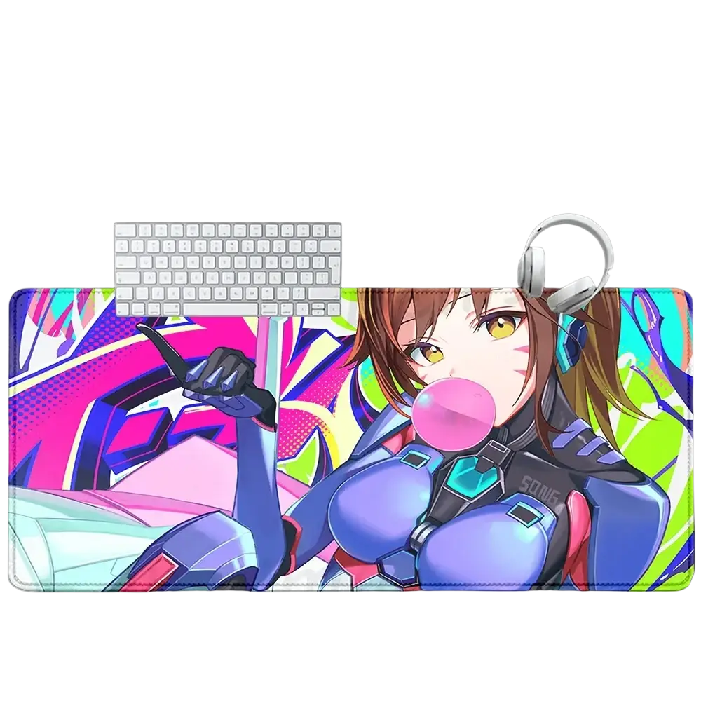 Overwatch Dva anime gaming mouse pad xxl with vibrant blue and purple armor character blowing pink bubblegum