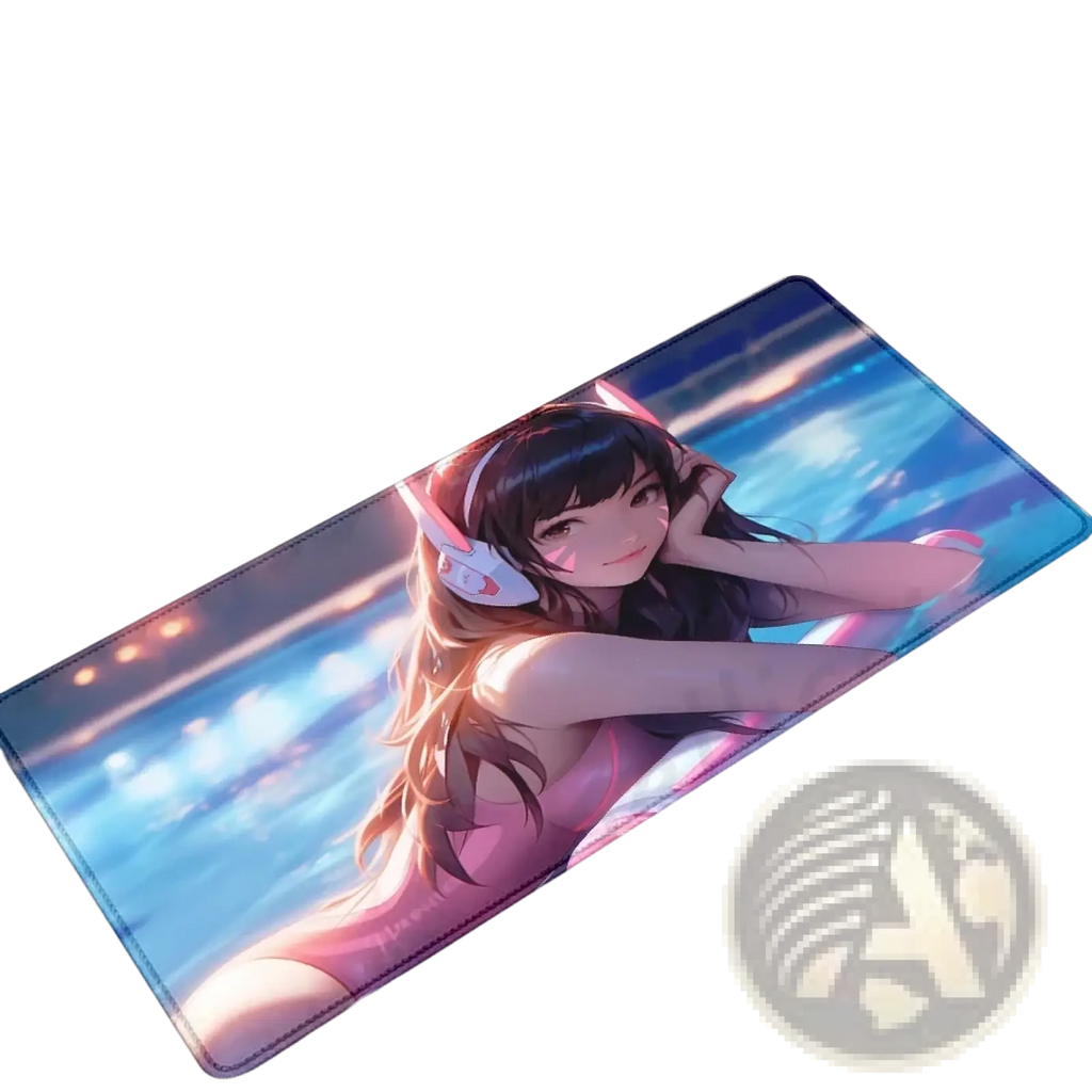Vibrant overwatch dva anime gaming mouse pad xxl featuring a long dark hair character with pink headphones and blue sky background