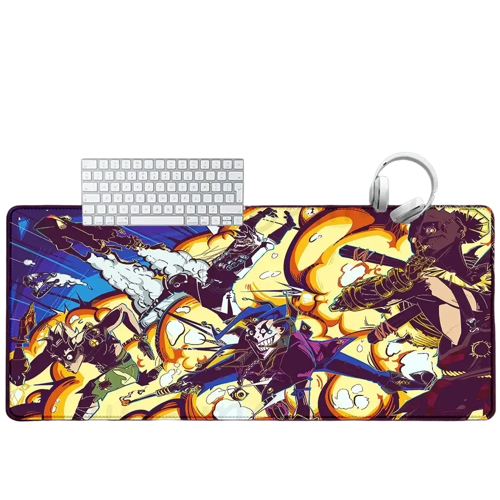 Vibrant overwatch Dva anime gaming mouse pad XXL with purple yellow black characters on natural rubber non-slip surface
