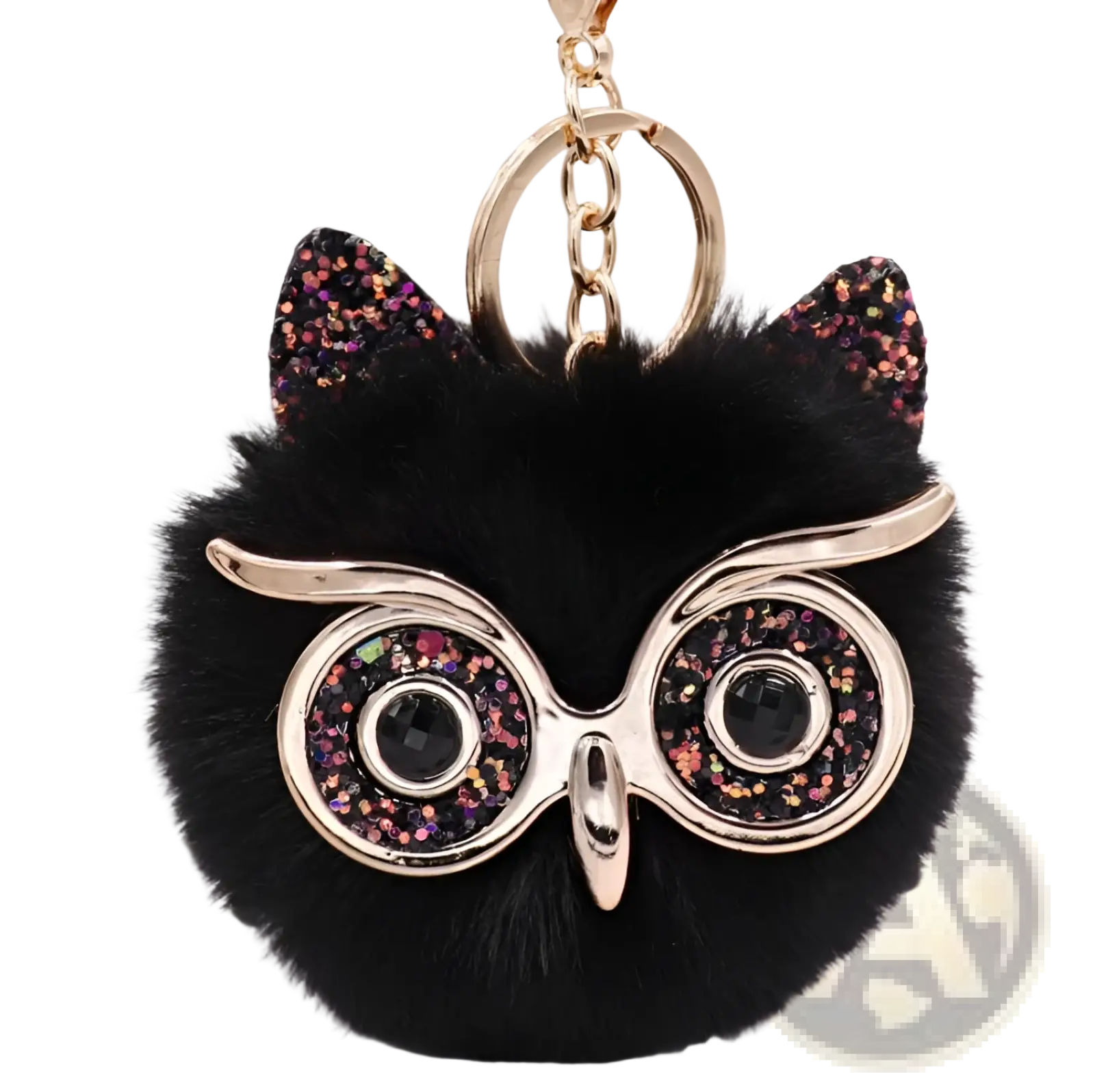 Black fluffy owl plush keychain with glittery pink and gold ears and shiny black gemstone eyes round glasses