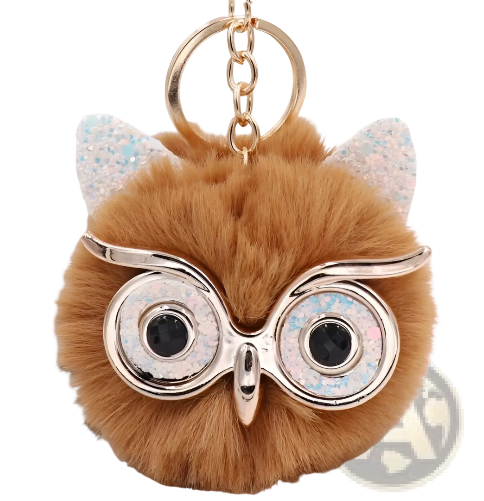 Owl plush keychain fluffy brown faux fur ball toy with glittery silver glasses and sparkling blue and white ears