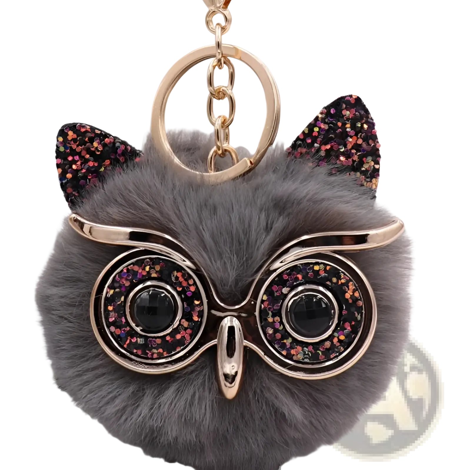 Gray fluffy owl plush keychain with glittery black and pink ears gold-rimmed glasses and metallic beak