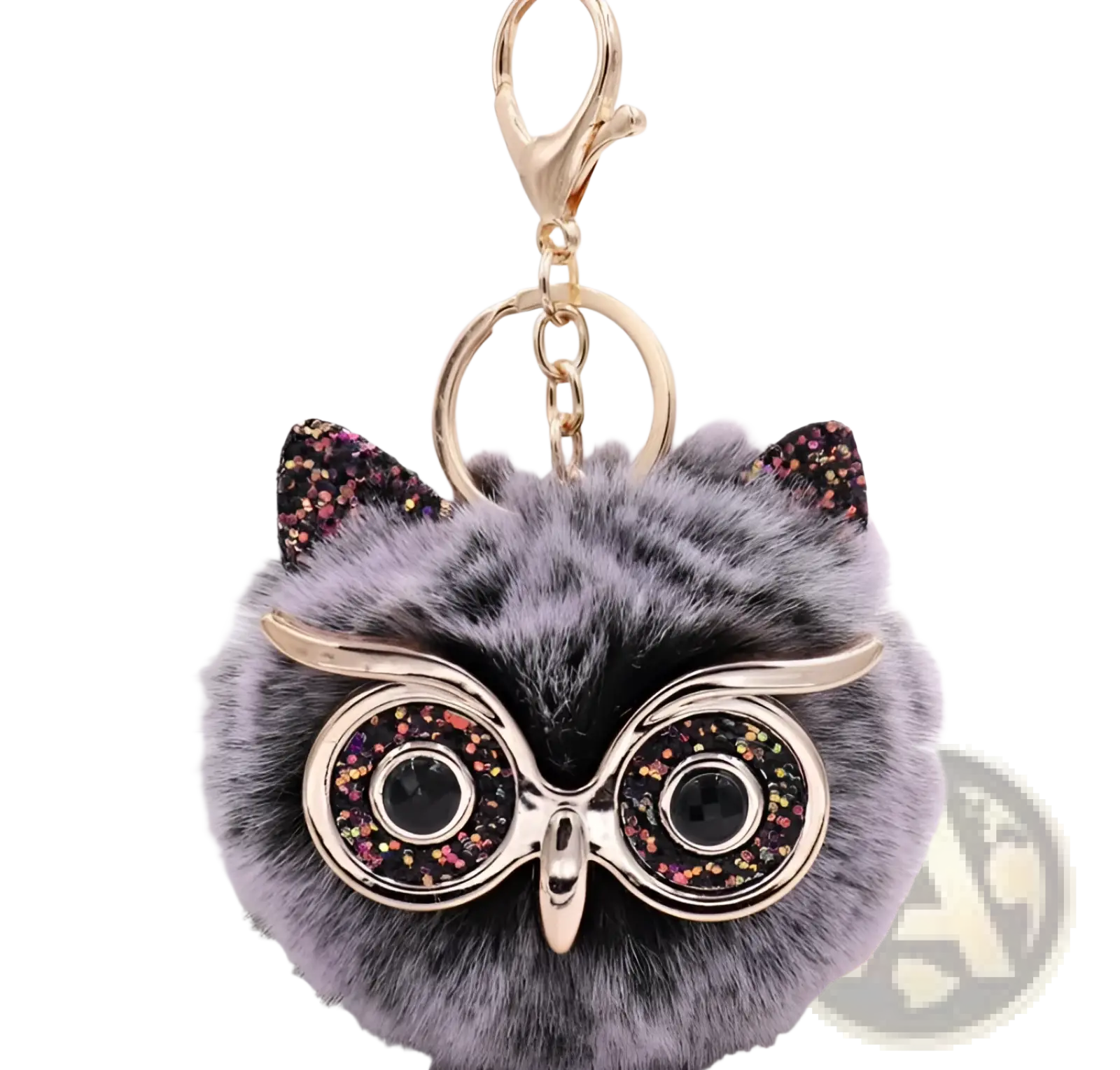 Gray fluffy owl plush keychain with glittery black and pink ears gold rimmed glasses and sparkling eyes faux fur ball toy