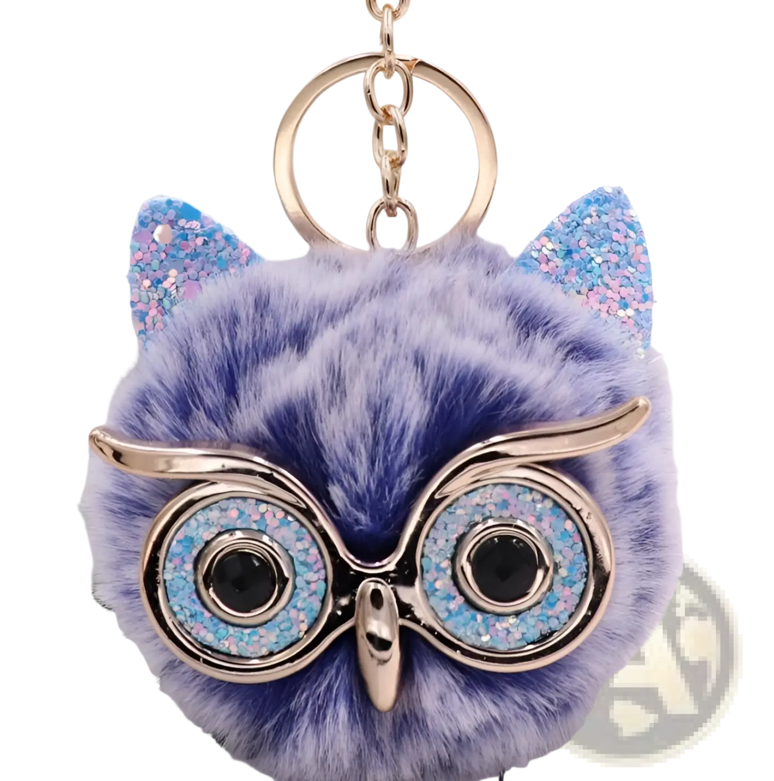 A plush blue owl keychain with fluffy faux fur, glittery ears, gold-rimmed glasses, and a metallic beak toy
