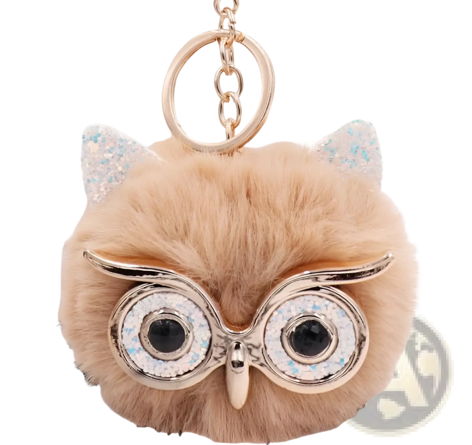A fluffy tan owl plush keychain with glittery silver ears and sparkling rhinestone eyes made of faux fur ball