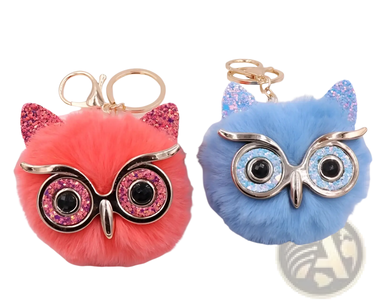 Cute plush owl keychains in vibrant pink and blue with fluffy faux fur, glittery ears, and gold metal hardware