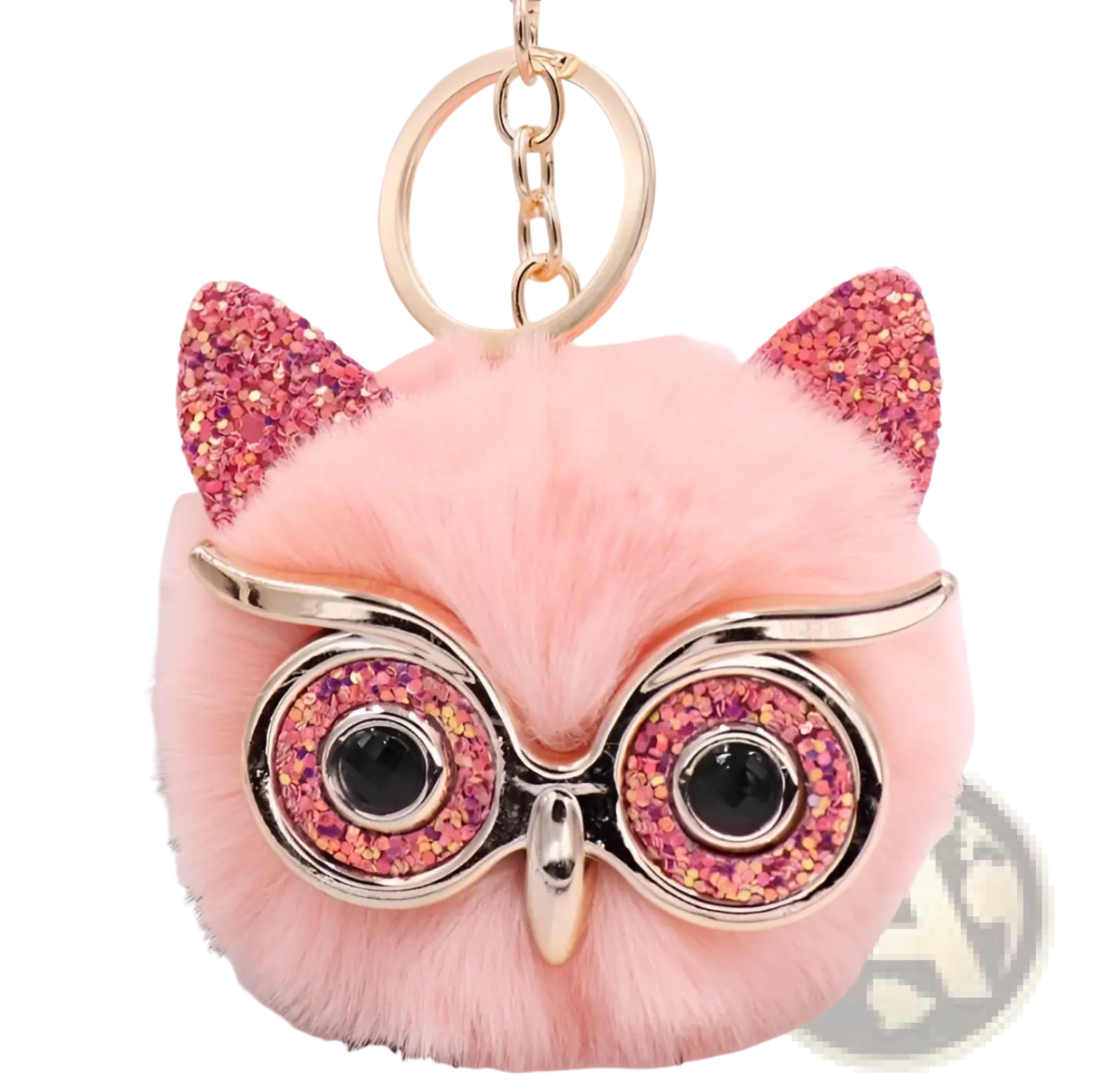 Pink fluffy owl plush keychain with glittery pink ears and sparkling eyeglasses made of faux fur ball toy