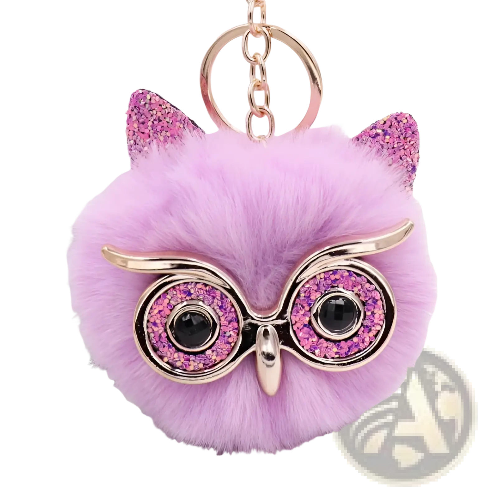 A plush lavender owl keychain with fluffy faux fur ball and glittery pink ears accented by gold metal frames