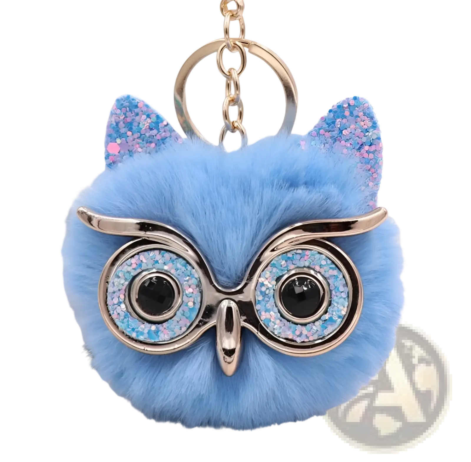 A fluffy light blue owl plush keychain with glittery pink and blue ears and gold-rimmed glasses with blue lenses