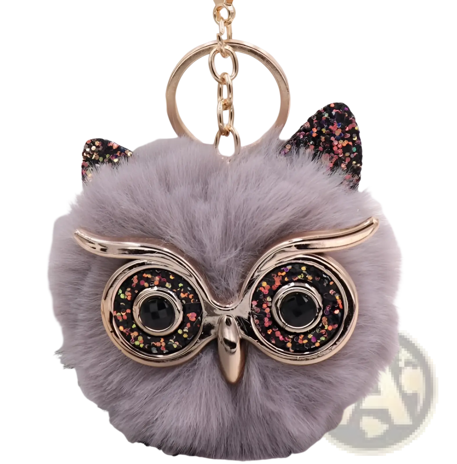 Gray fluffy owl plush keychain with glittery black and gold eyes metallic ears and golden beak faux fur ball toy