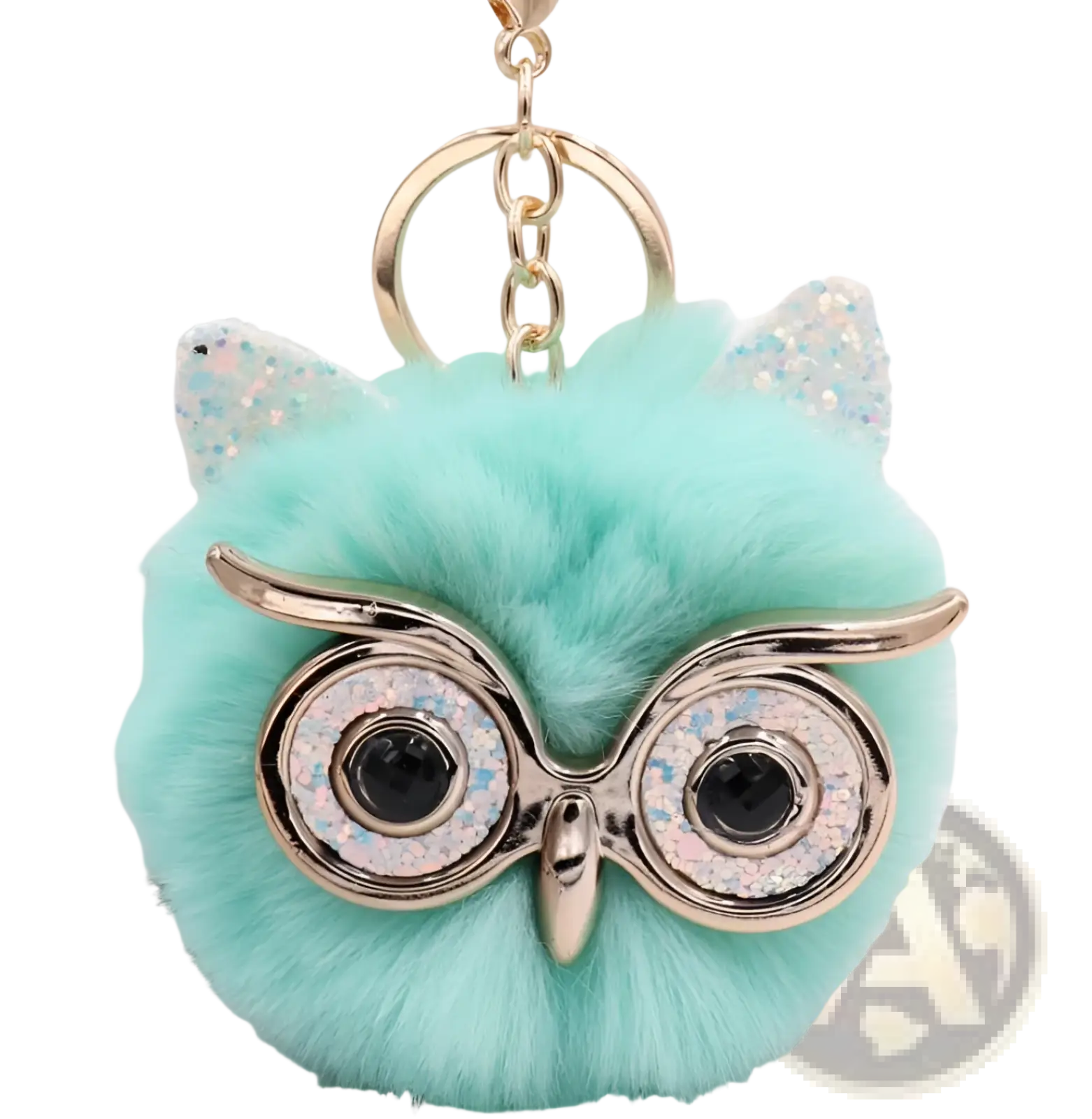 Turquoise fluffy owl plush keychain with glittery silver-rimmed glasses and sparkling faux fur ears