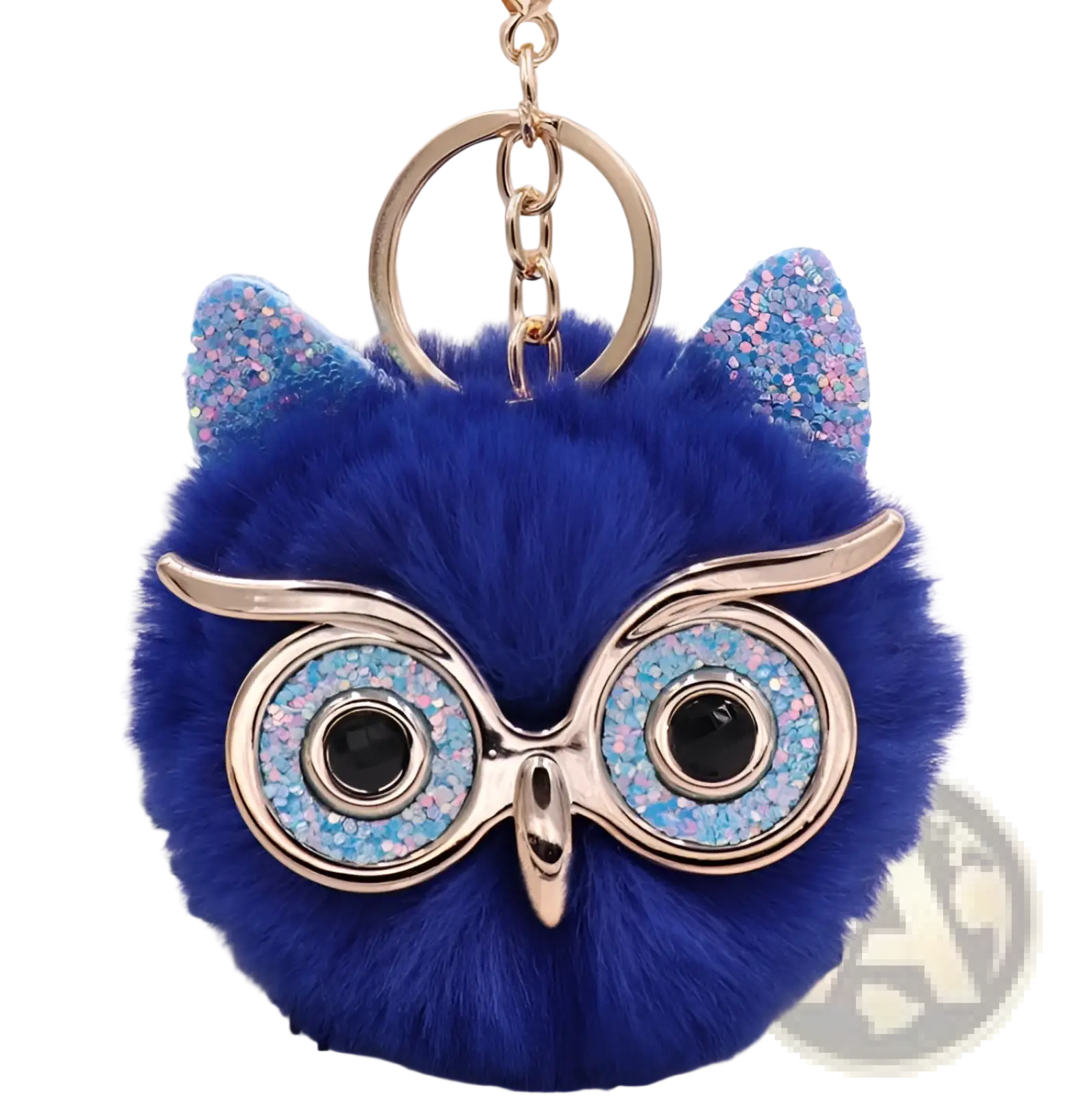 A plush blue owl keychain with fluffy faux fur, glittery pink and blue accents, gold glasses frame, and black bead eyes