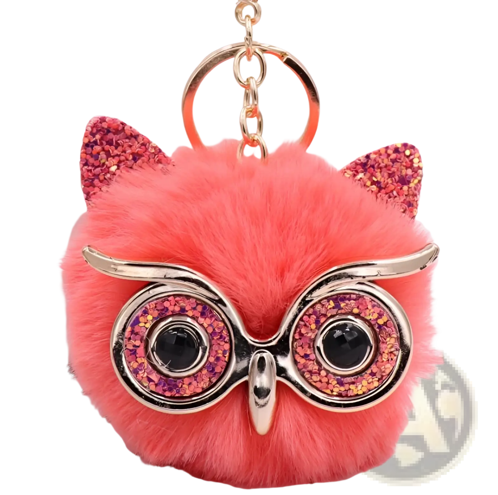 A pink fluffy owl plush keychain with glittery ears, black gemstone eyes, and glasses made of faux fur material