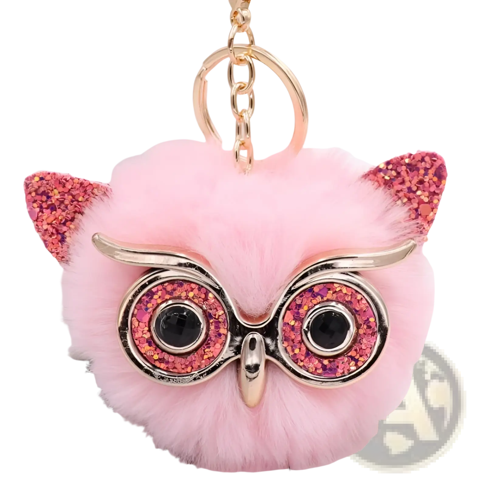Owl plush keychain featuring a pink fluffy faux fur ball with glittery pink and gold accents and round glasses
