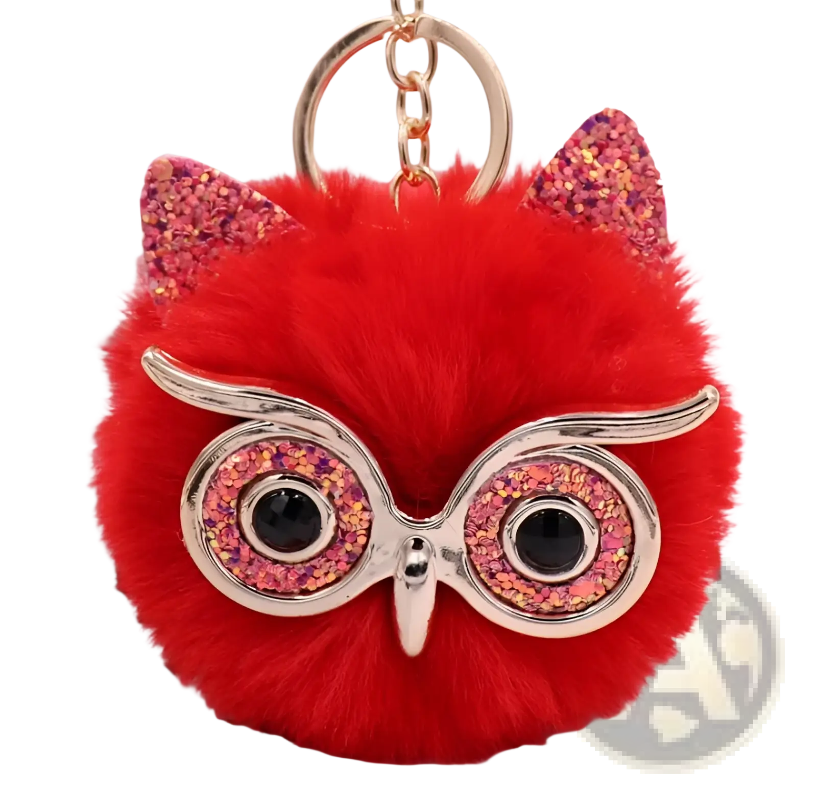 Owl plush keychain vibrant red fluffy faux fur ball with glittery pink gold cat ears and silver glasses with black gemstone eyes