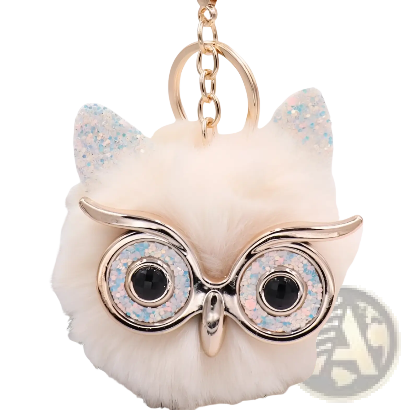 A fluffy white owl plush keychain with glittery blue and pink eyes metallic silver glasses and sparkly cat ears