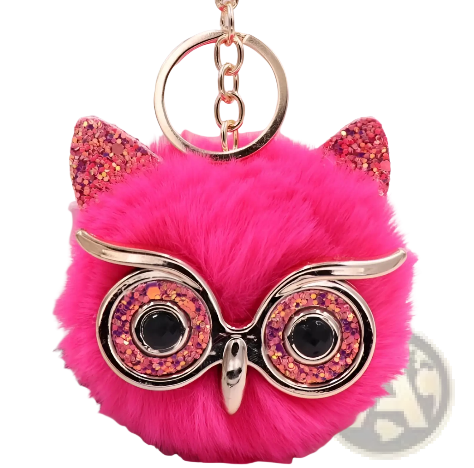 A vibrant pink fluffy owl plush keychain with glittery rose gold ears and sparkling eyeglass frames