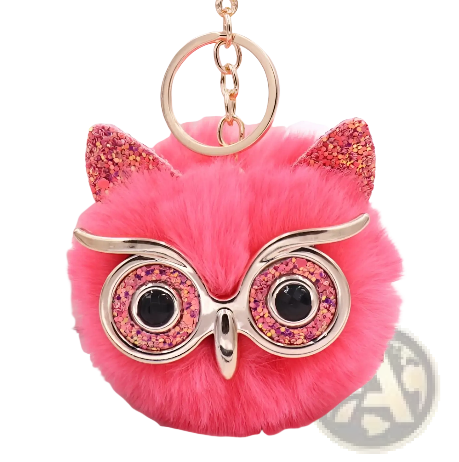 Owl plush keychain fluffy faux fur ball toy in vibrant pink with glittery rose-gold ears and silver-rimmed eyes