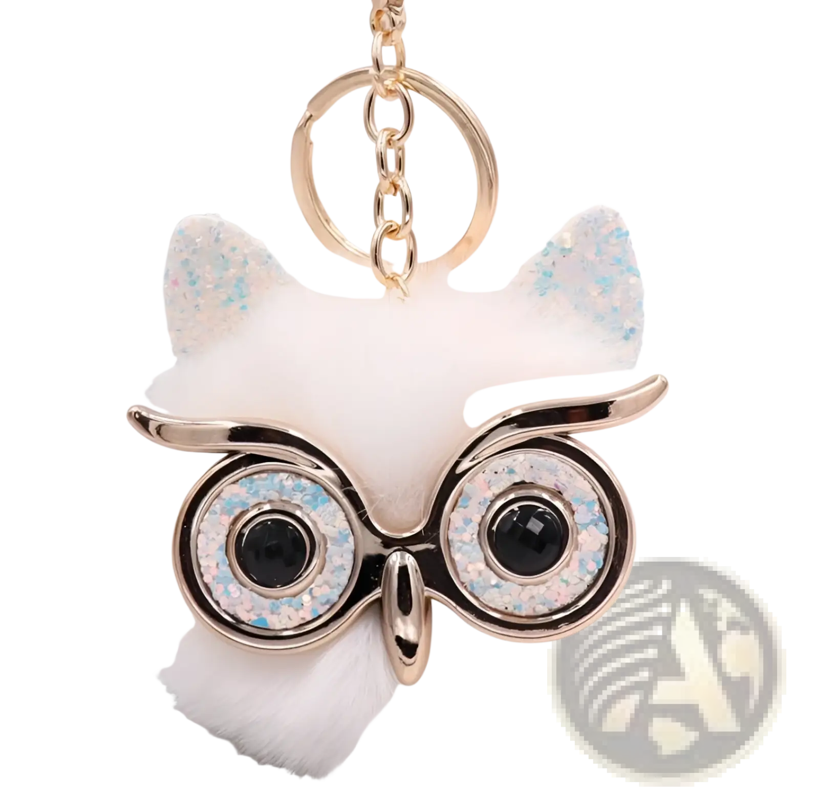 White fluffy owl plush keychain with glittery blue silver eyes gold metal frame and sparkly ears made of faux fur