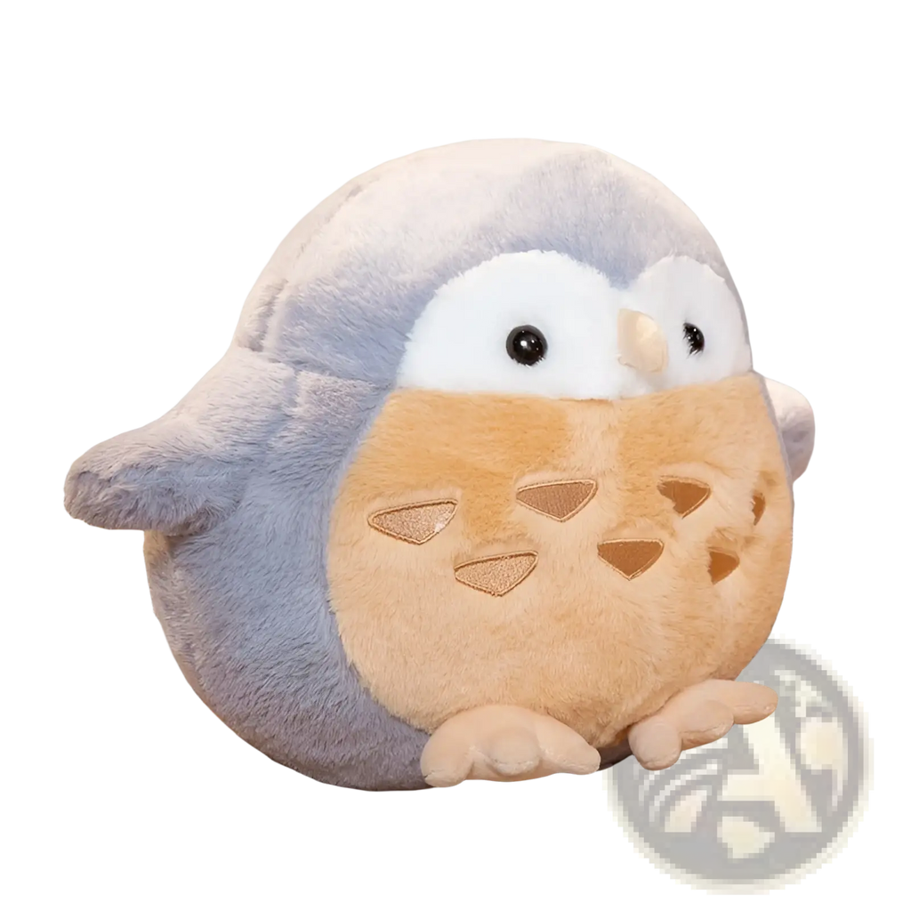 Owl plush stuffed animal with a soft gray body and tan belly featuring embroidered triangular patterns