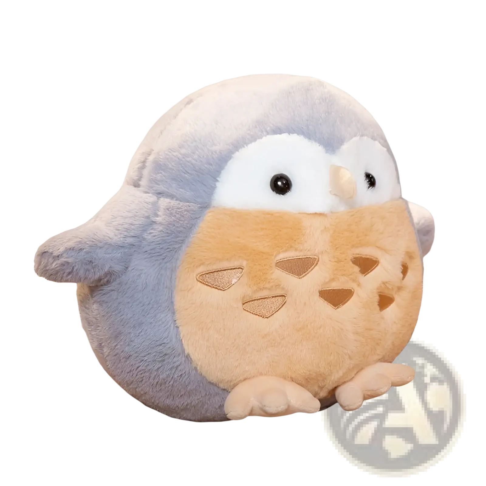 Owl plush stuffed animal with a soft gray body and tan belly featuring embroidered triangular patterns