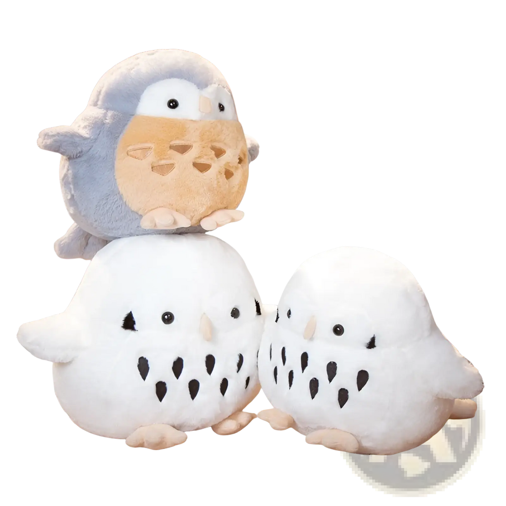 Owl plush stuffed animal round soft doll toy in white and gray with black eye patches and tan facial details