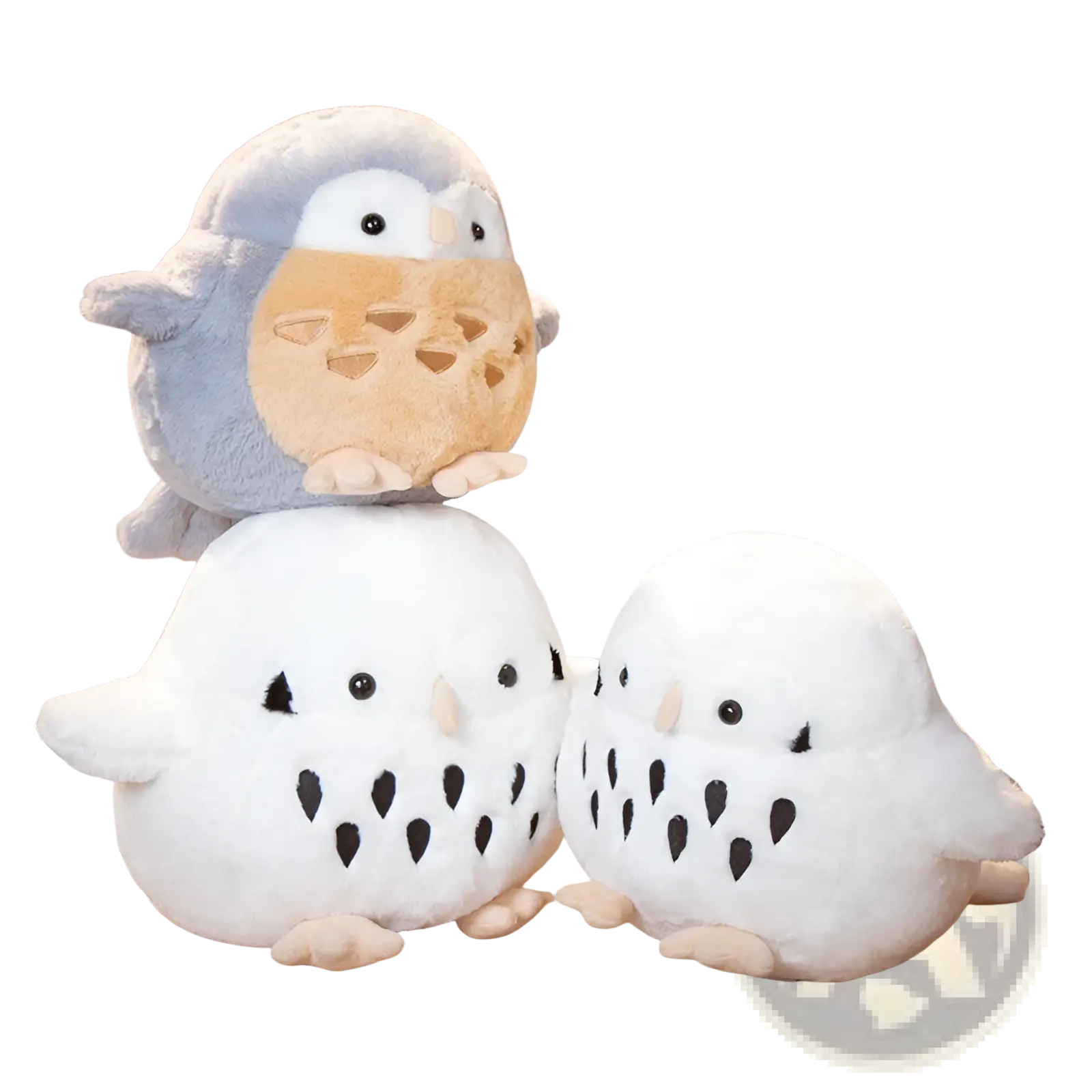 Owl plush stuffed animal round soft doll toy in white and gray with black eye patches and tan facial details